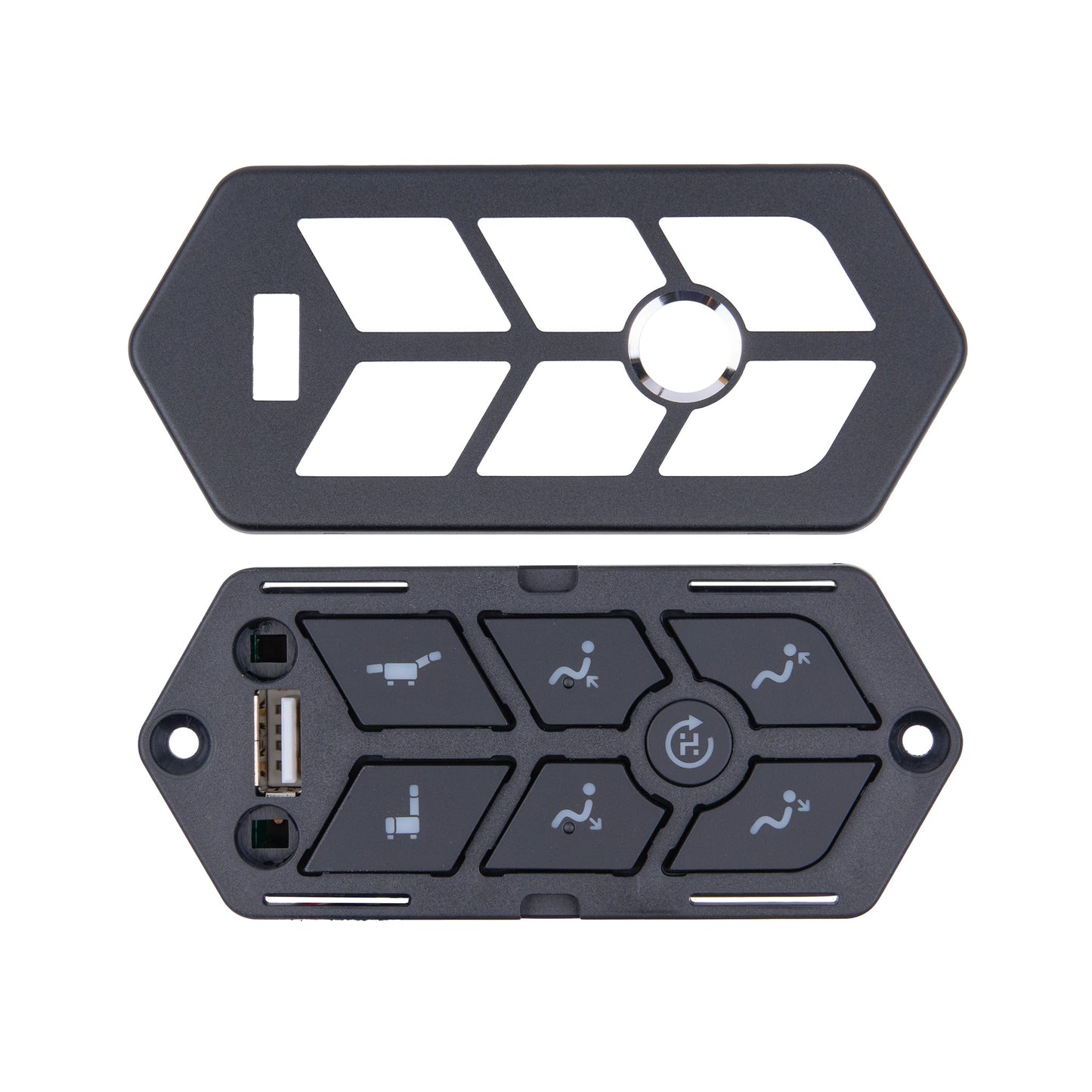 A black plastic automotive dashboard control panel cover with a USB port, shown in both front and back views against a white background.