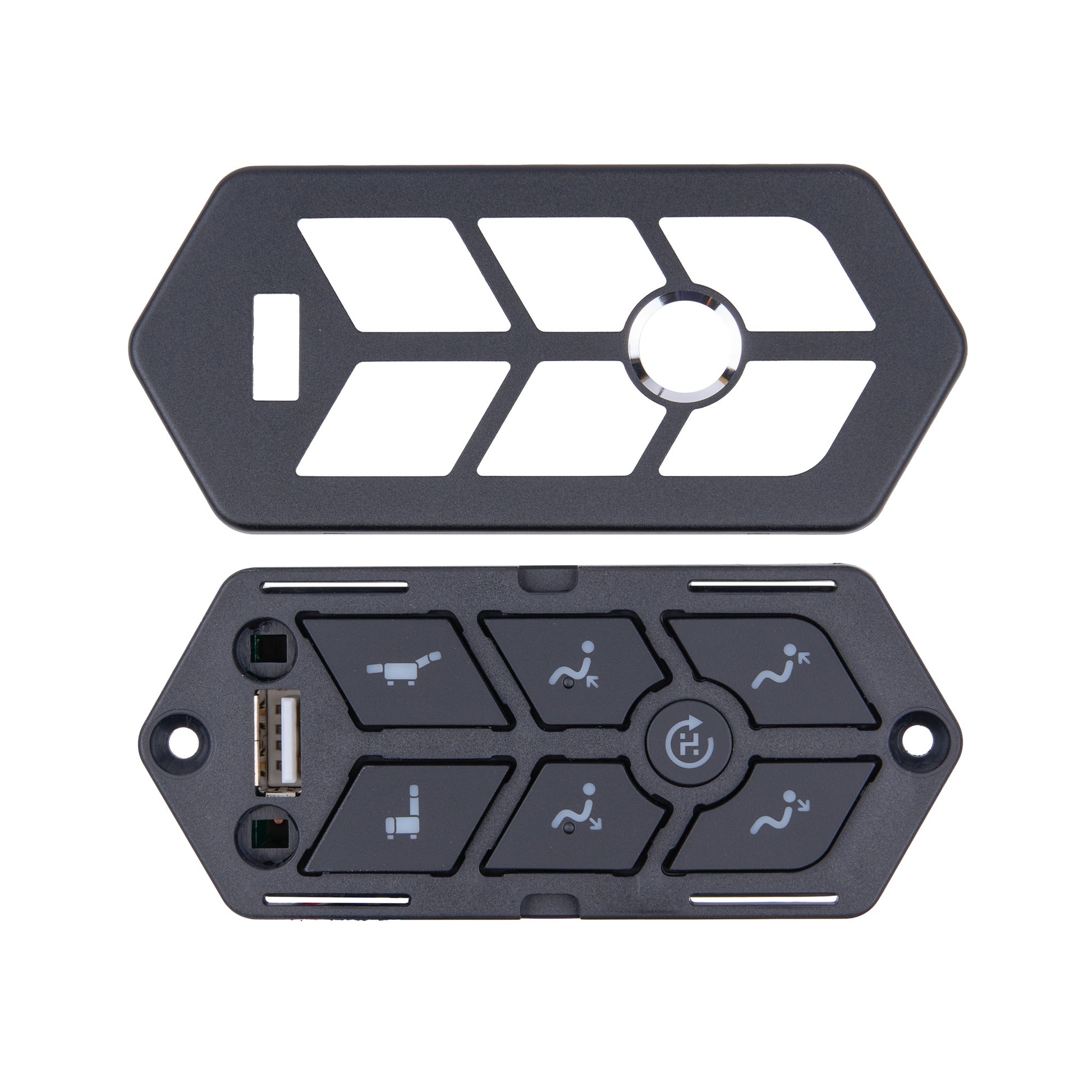 A black plastic automotive dashboard control panel cover with a USB port, shown in both front and back views against a white background.