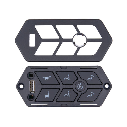 A black plastic automotive dashboard control panel cover with a USB port, shown in both front and back views against a white background.