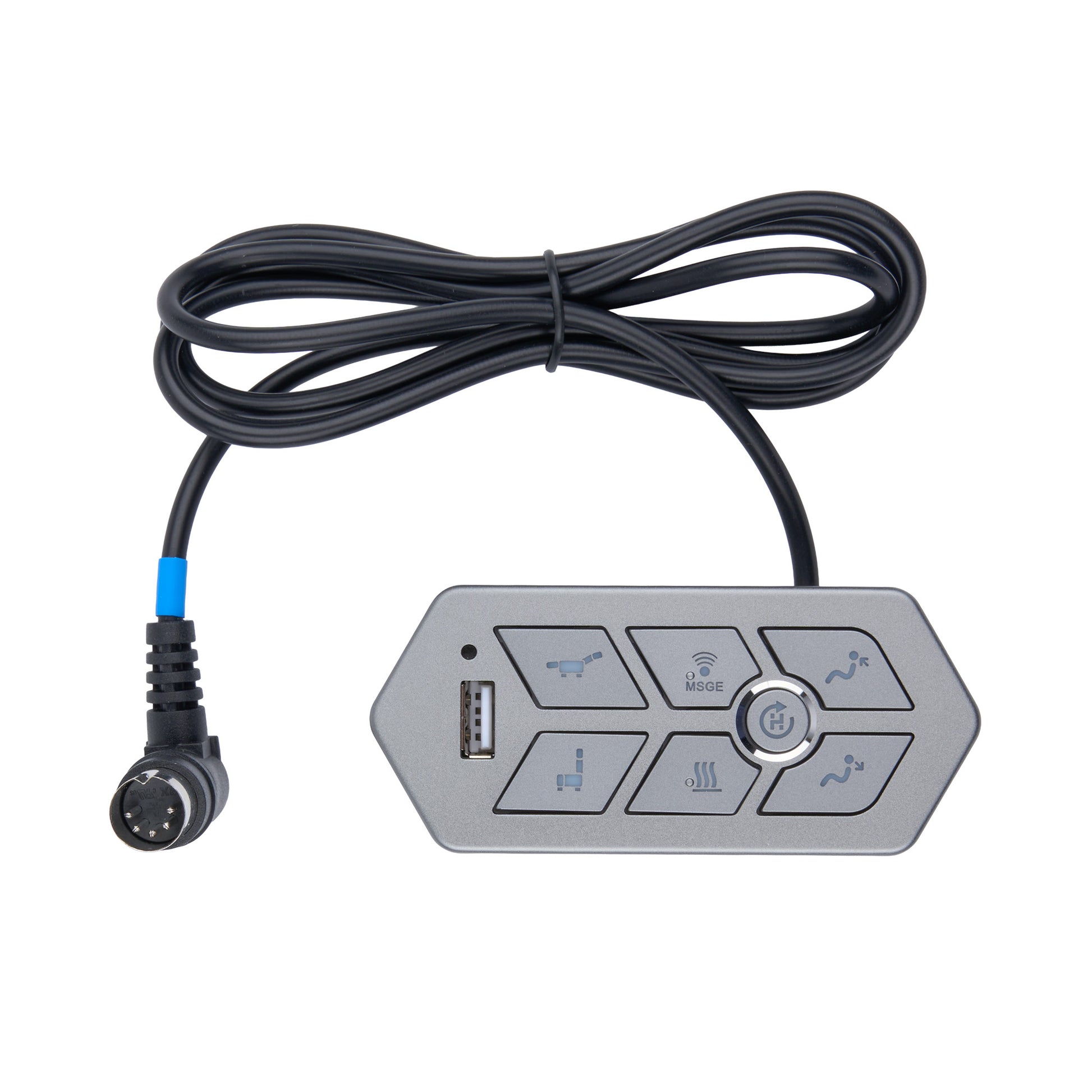 A gray electronic control panel with six buttons and a USB port, connected to a coiled black cable with a blue connector, shown on a white background.
