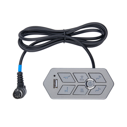 A gray electronic control panel with six buttons and a USB port, connected to a coiled black cable with a blue connector, shown on a white background.