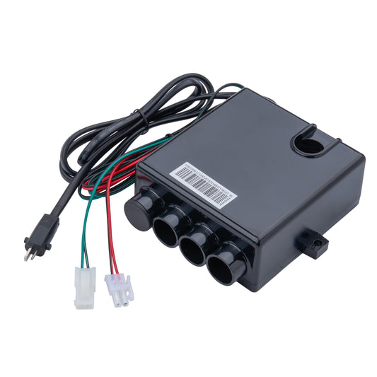 Black plastic electrical control box with a power cord, three black connector ports on the front, and red, green, and black wire leads with white connectors, shown on a white background.