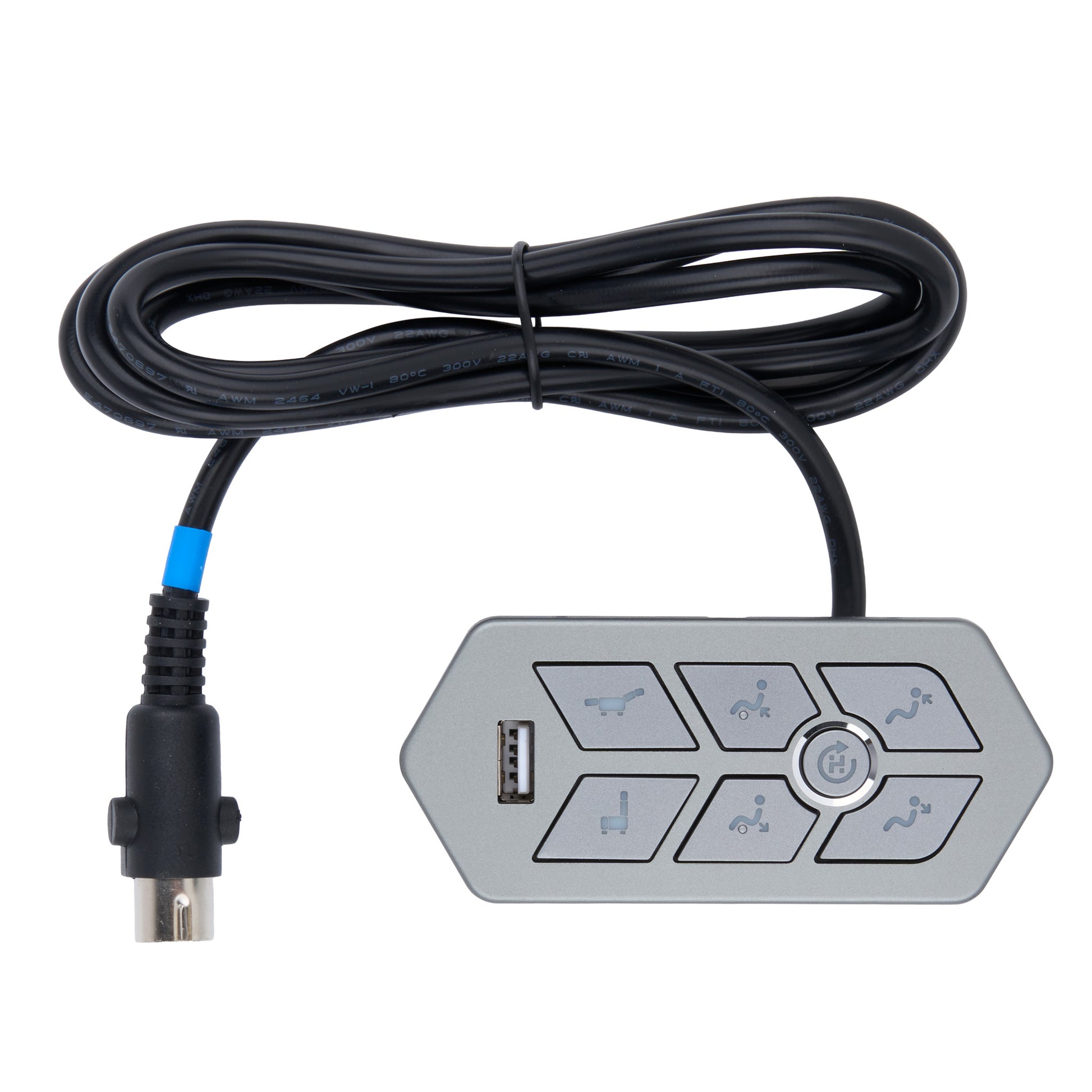 A gray electronic control module with six buttons and a USB port, connected to a coiled black cable with a blue accent and a black connector, shown on a white background.