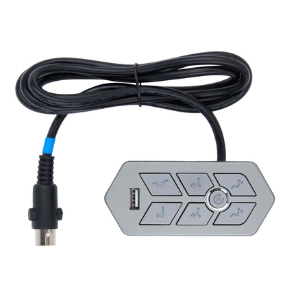 A gray electronic control module with six buttons and a USB port, connected to a coiled black cable with a blue accent and a black connector, shown on a white background.