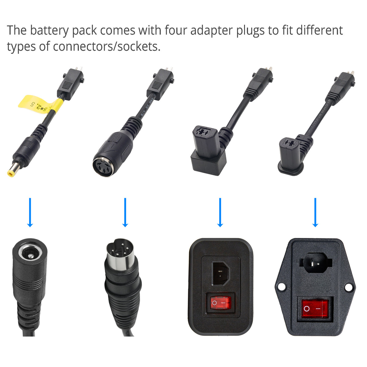 Four adapter plugs for a recliner battery pack, including a 5-pin plug, a barrel plug and two socket inlet adapters