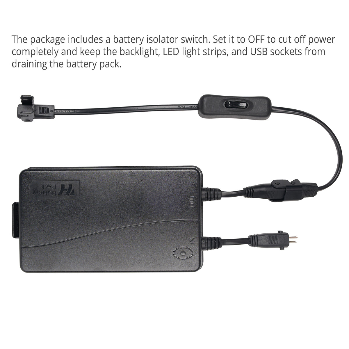 Battery isolation switch for a recliner battery pack, shown inline on the OUT cable to cut power when unused