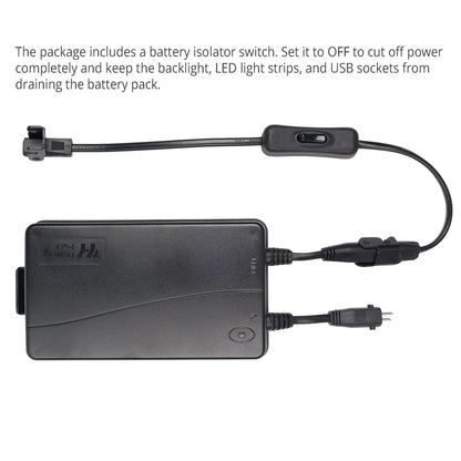 Battery isolation switch for a recliner battery pack, shown inline on the OUT cable to cut power when unused