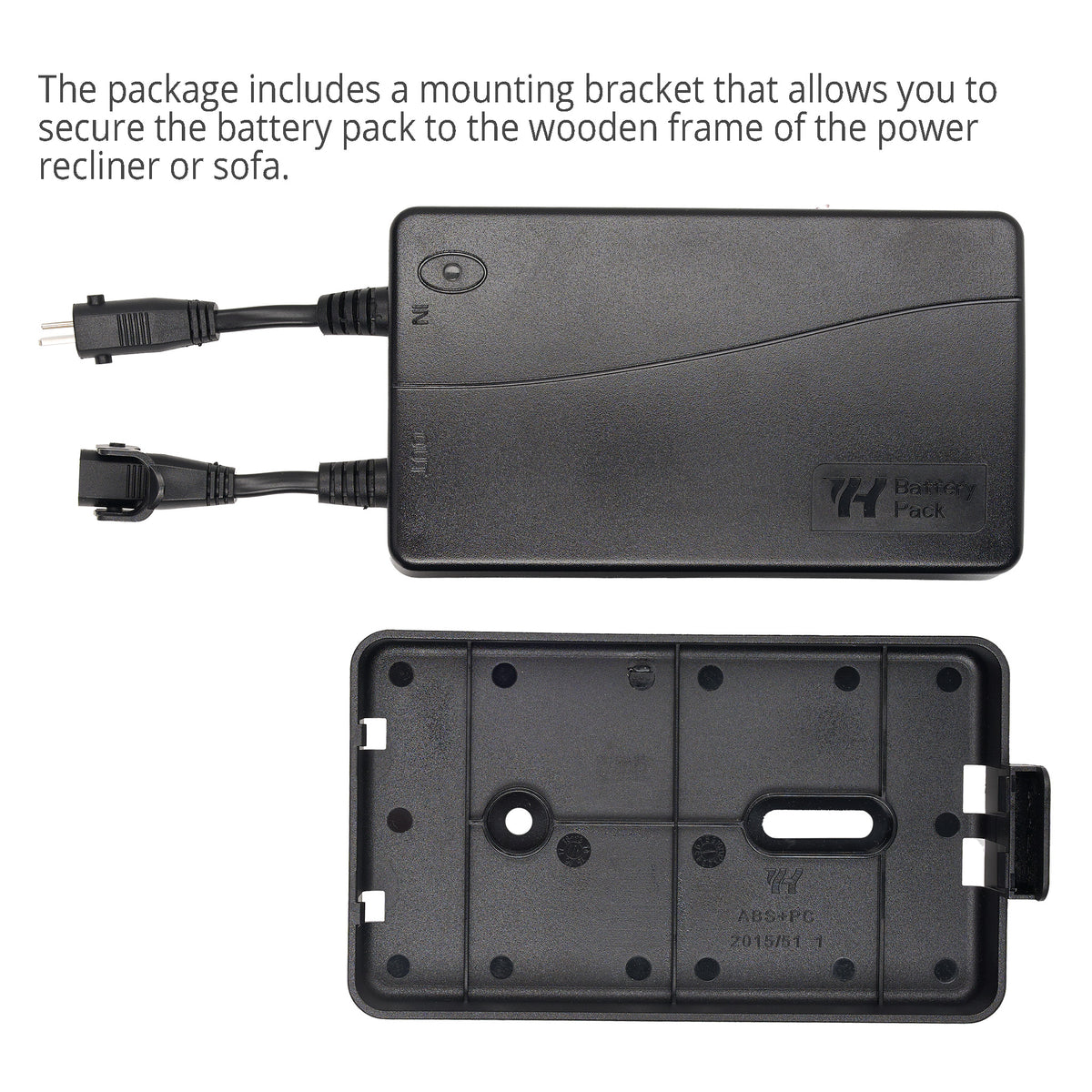 Underside of the battery pack with screw holes and the mounting bracket that fixes it to a wooden recliner frame