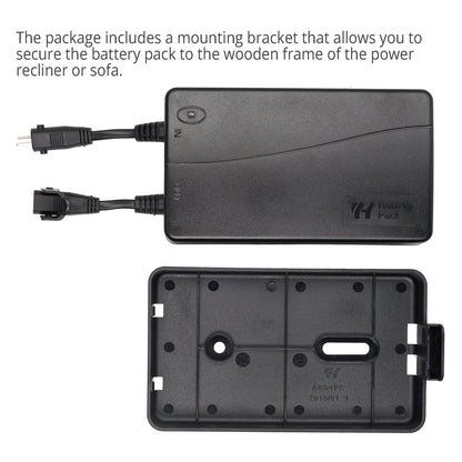 Underside of the battery pack with screw holes and the mounting bracket that fixes it to a wooden recliner frame