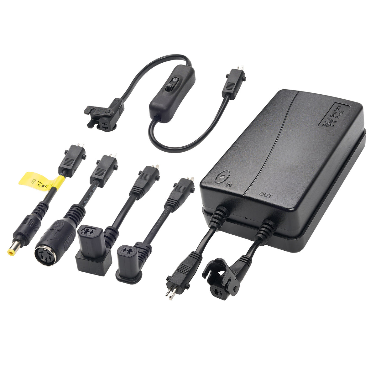 Recliner battery pack kit laid out on white, showing the isolation switch cable and four adapter plugs