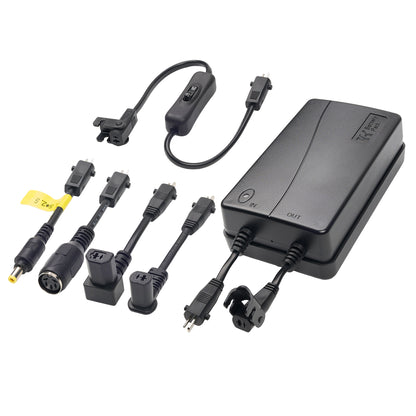 Recliner battery pack kit laid out on white, showing the isolation switch cable and four adapter plugs