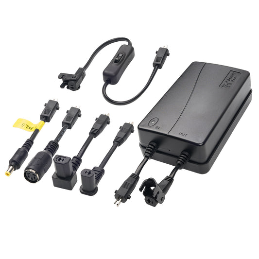 Recliner battery pack kit laid out on white, showing the isolation switch cable and four adapter plugs