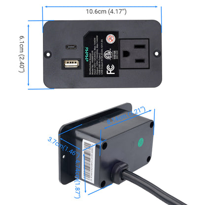 eMoMo HX66P2UR Furniture Recessed Power Strip with AC Outlet, USB & Type C