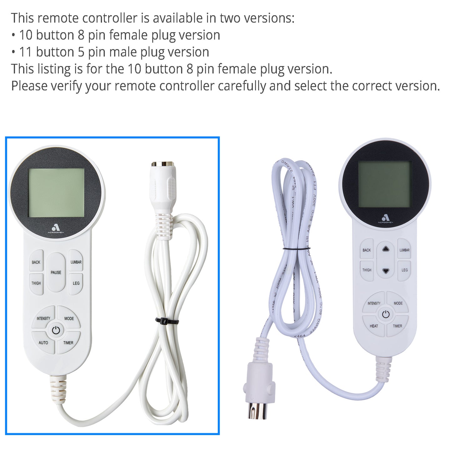 Acrookey Massage Function Remote Controller 10 Button 8 Pin Female Plug with Type C