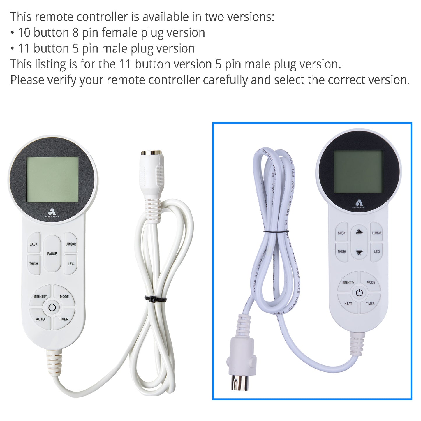 Acrookey 11 Button 5 Pin Remote Controller for Up/Down Massage Heat with Type C