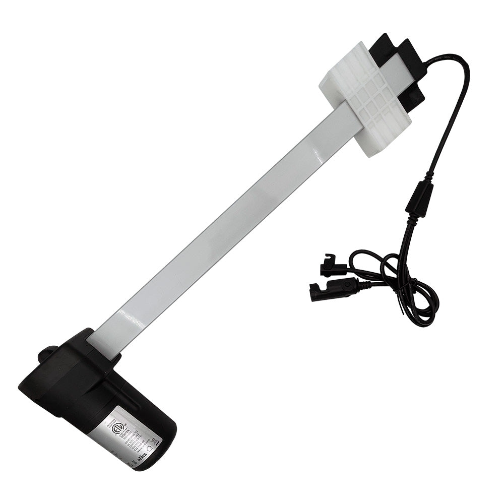 Linear actuator motor assembly with a white shaft, black base, and an attached power cable, designed for use in power recliner or lift chairs.