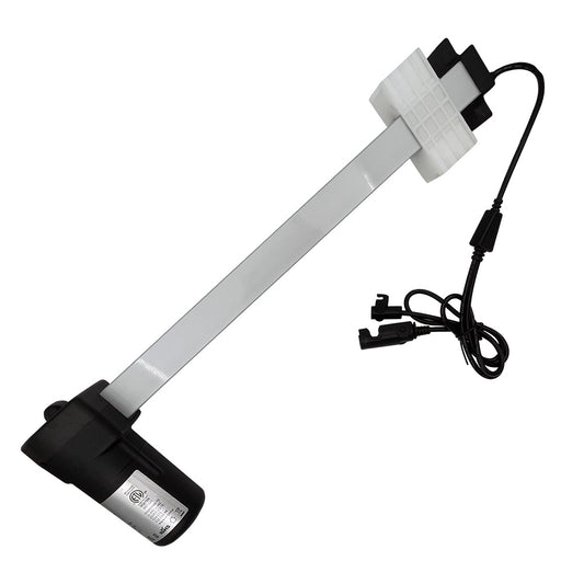 Linear actuator motor assembly with a white shaft, black base, and an attached power cable, designed for use in power recliner or lift chairs.