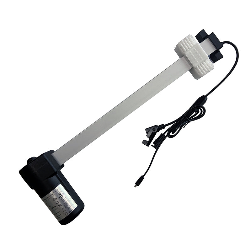 Linear actuator motor assembly with a white shaft, black at the motor end, and an attached electrical cable.