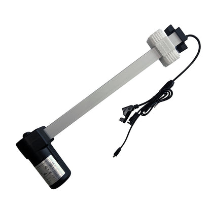 Linear actuator motor assembly with a white shaft, black at the motor end, and an attached electrical cable.