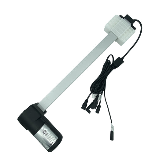A 3MTR 3MR134-333S linear actuator motor assembly by eMoMo, consisting of a cylindrical black motor connected to a rod via a white gear mechanism, with a DC power cable.