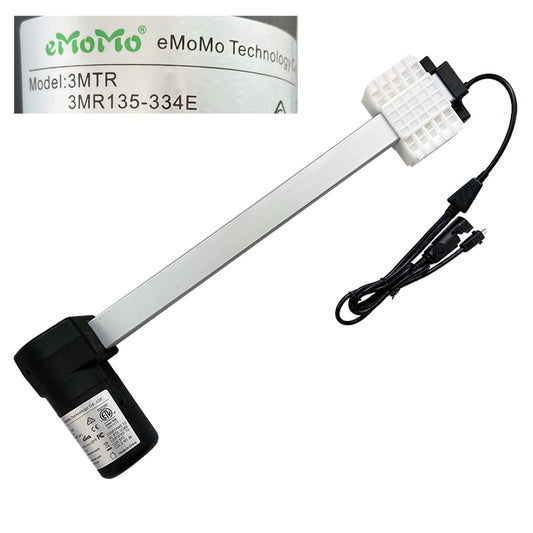 eMoMo 3MR135-334E linear actuator with a white actuation arm, black motor housing, and an attached power cable.