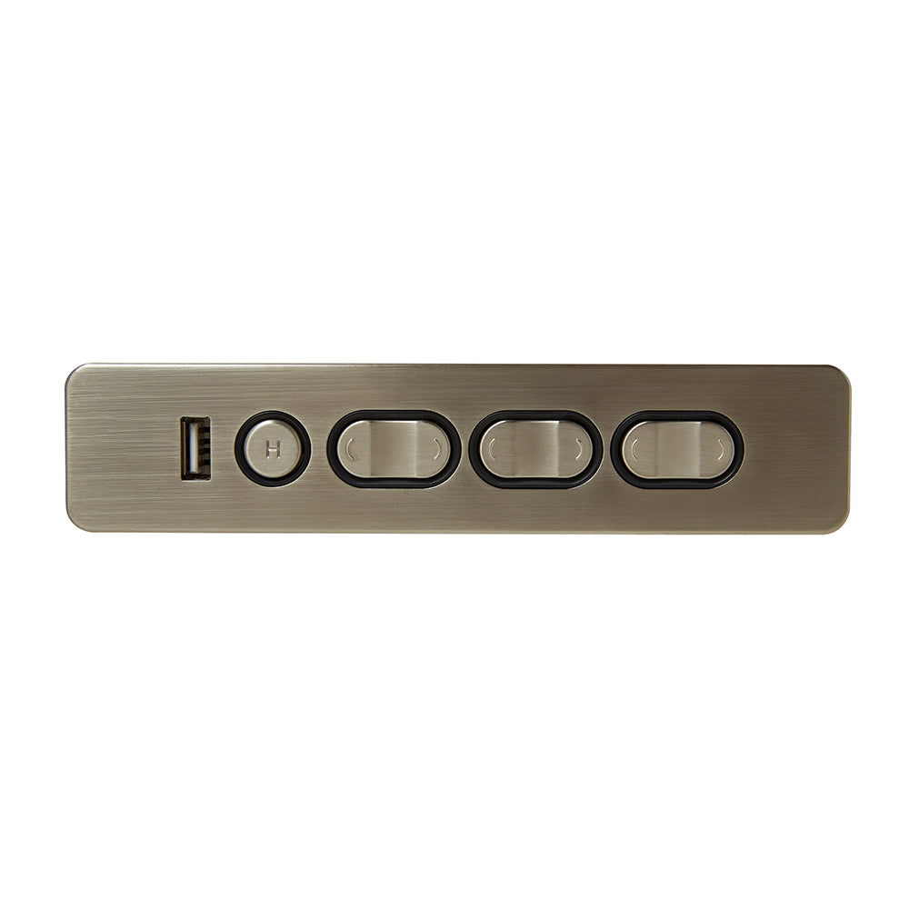 A silver-colored metal recliner side switch with 7 buttons and a USB port.