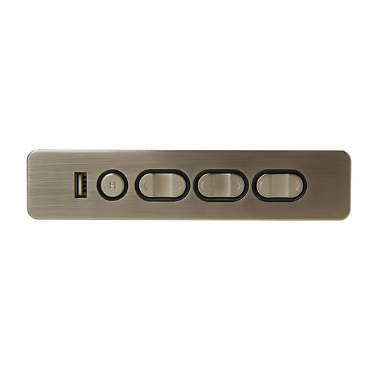 A silver-colored metal recliner side switch with 7 buttons and a USB port.