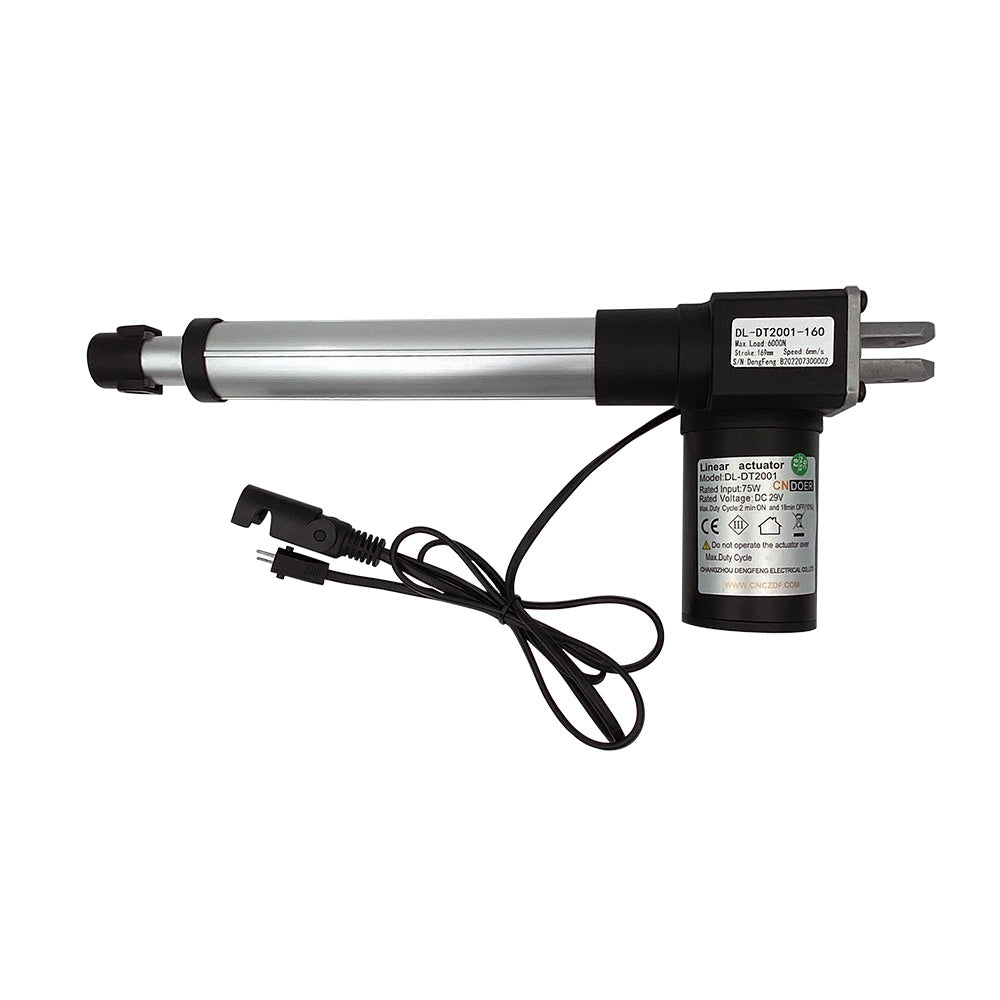 A black linear actuator motor with a silver shaft and electrical components, including a controller box and cables.