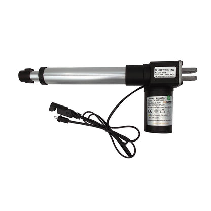 A black linear actuator motor with a silver shaft and electrical components, including a controller box and cables.