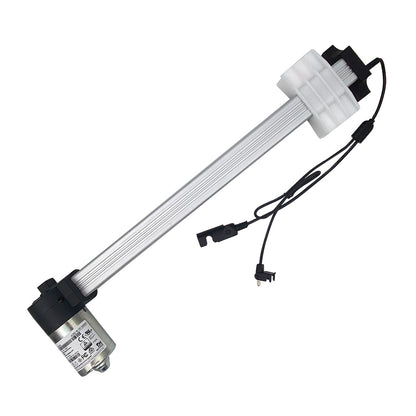 OKIN linear actuator motor assembly with metal housing, acrylic shaft, and electrical connectors