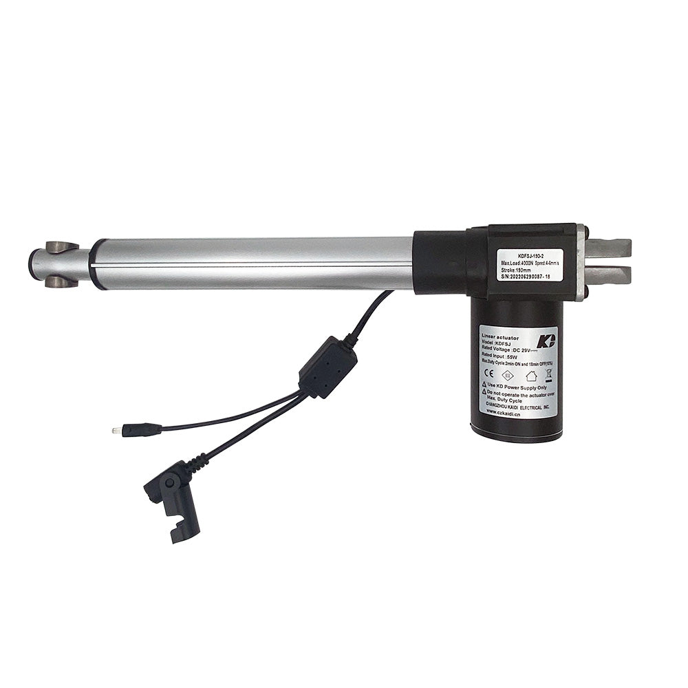 A Kaidi brand linear actuator motor with a silver shaft and black end cap, including electrical connectors.