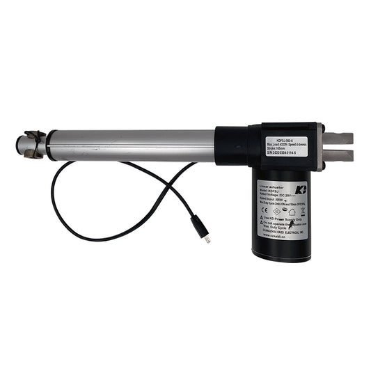 A black and silver linear actuator motor assembly with a wired remote control.