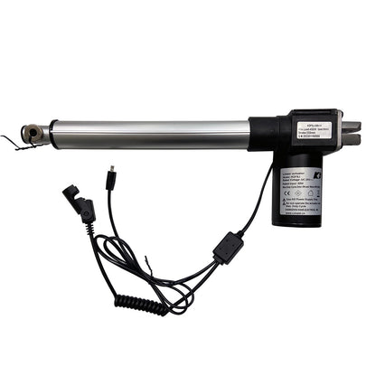 Linear actuator motor assembly with a silver shaft and black electrical components, including a power plug and a control plug.