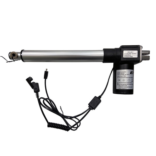 Linear actuator motor assembly with a silver shaft and black electrical components, including a power plug and a control plug.