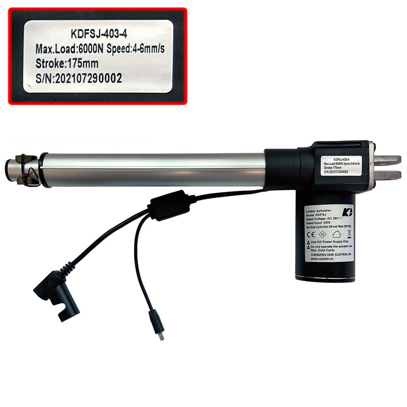 A Kaidi linear actuator for power recliner lift chair, showing the actuator body, wiring, and control unit.