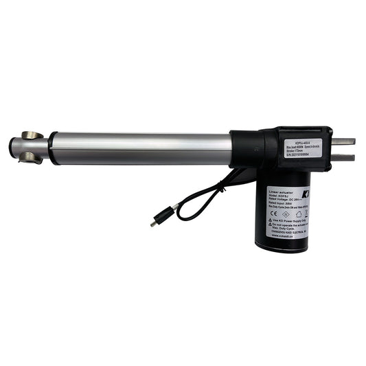 A Kaidi brand linear actuator motor, with a silver shaft and black body, including electrical components and wiring.