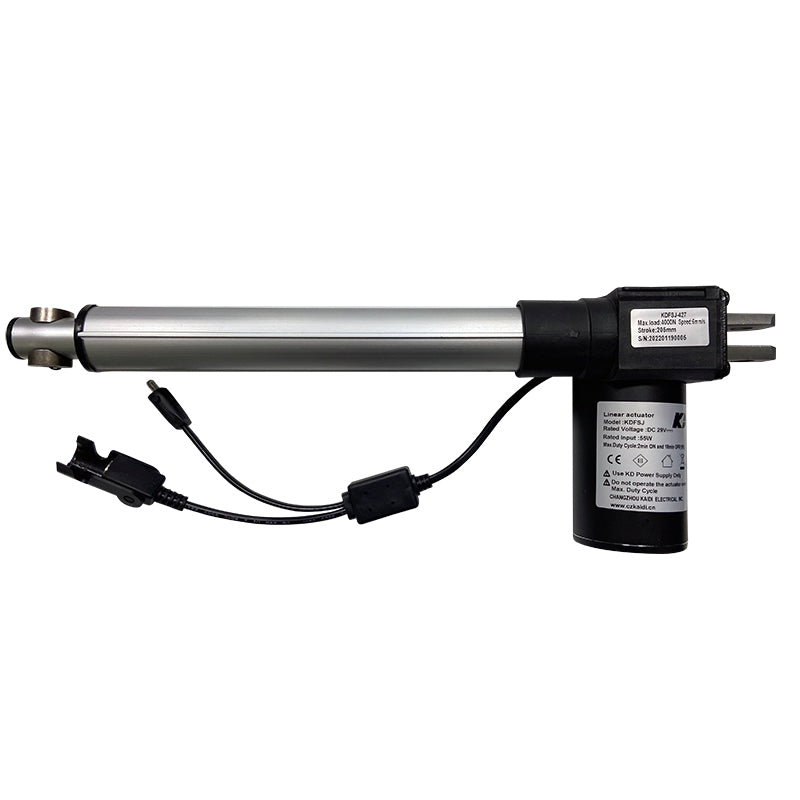 A Kaidi KDFSJ-427 linear actuator motor assembly, featuring a black motor housing and a silver shaft, with wires attached to the motor.