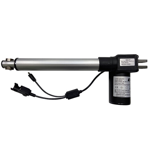 A Kaidi KDFSJ-427 linear actuator motor assembly, featuring a black motor housing and a silver shaft, with wires attached to the motor.