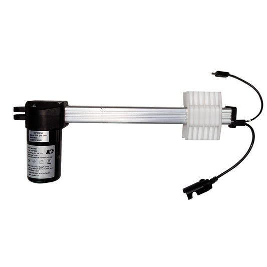 A black linear actuator motor assembly with a white gear and two plugs, mounted on a white background.