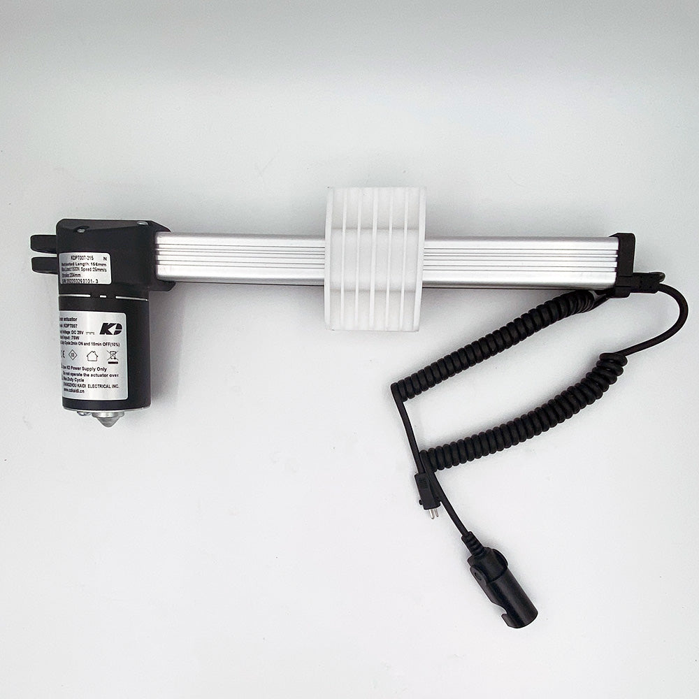 Linear actuator motor assembly for recliner with two plugs, one 5-pin female and one 2-pin male, along with a white shaft and a black motor unit.