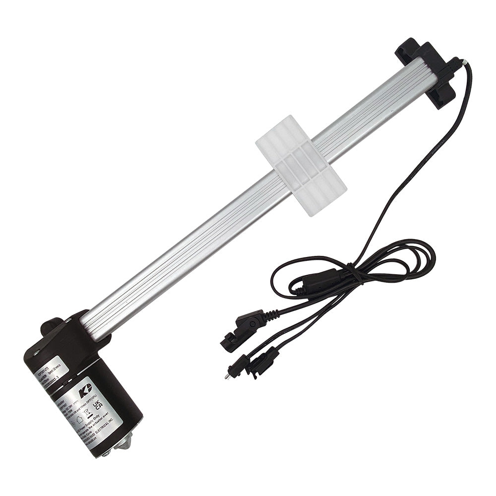 A linear actuator motor assembly for a recliner chair, featuring a black motor housing, a silver metal shaft, and three plugs with connecting cables.