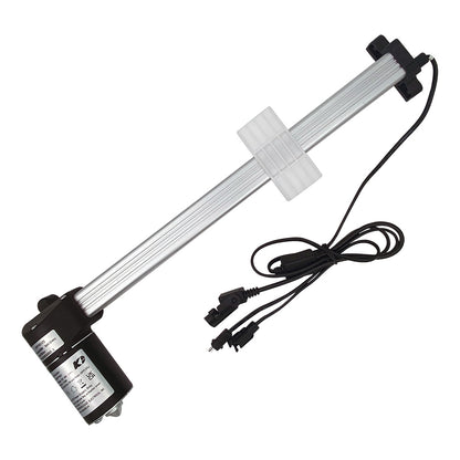 A linear actuator motor assembly for a recliner chair, featuring a black motor housing, a silver metal shaft, and three plugs with connecting cables.