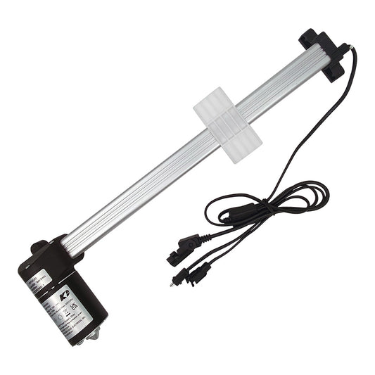 A linear actuator motor assembly for a recliner chair, featuring a black motor housing, a silver metal shaft, and three plugs with connecting cables.