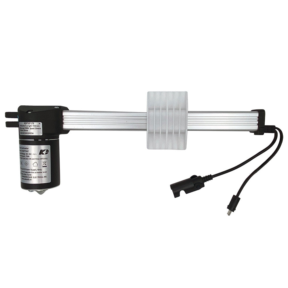 Linear actuator motor assembly for recliner, with a black motor unit, silver metal shaft, and attached electrical plugs.