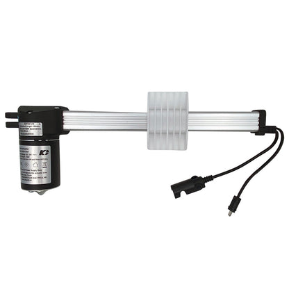 Linear actuator motor assembly for recliner, with a black motor unit, silver metal shaft, and attached electrical plugs.