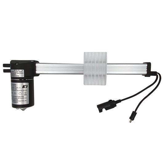 Linear actuator motor assembly for recliner, with a black motor unit, silver metal shaft, and attached electrical plugs.