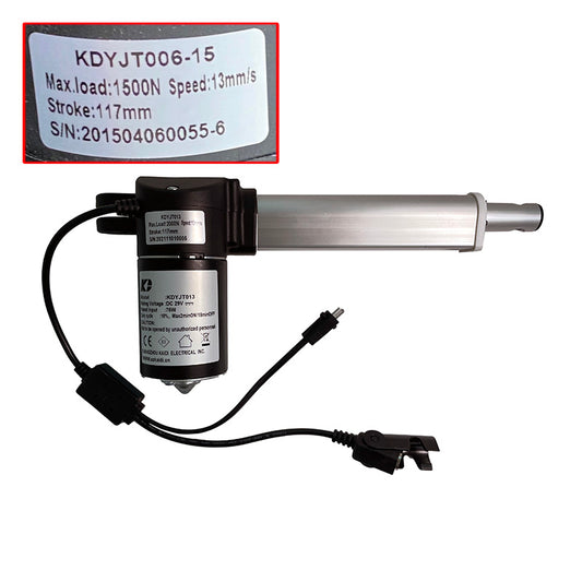 A Kaidi linear actuator, with model label KDYJT006-15, featuring a silver cylinder and black wiring.