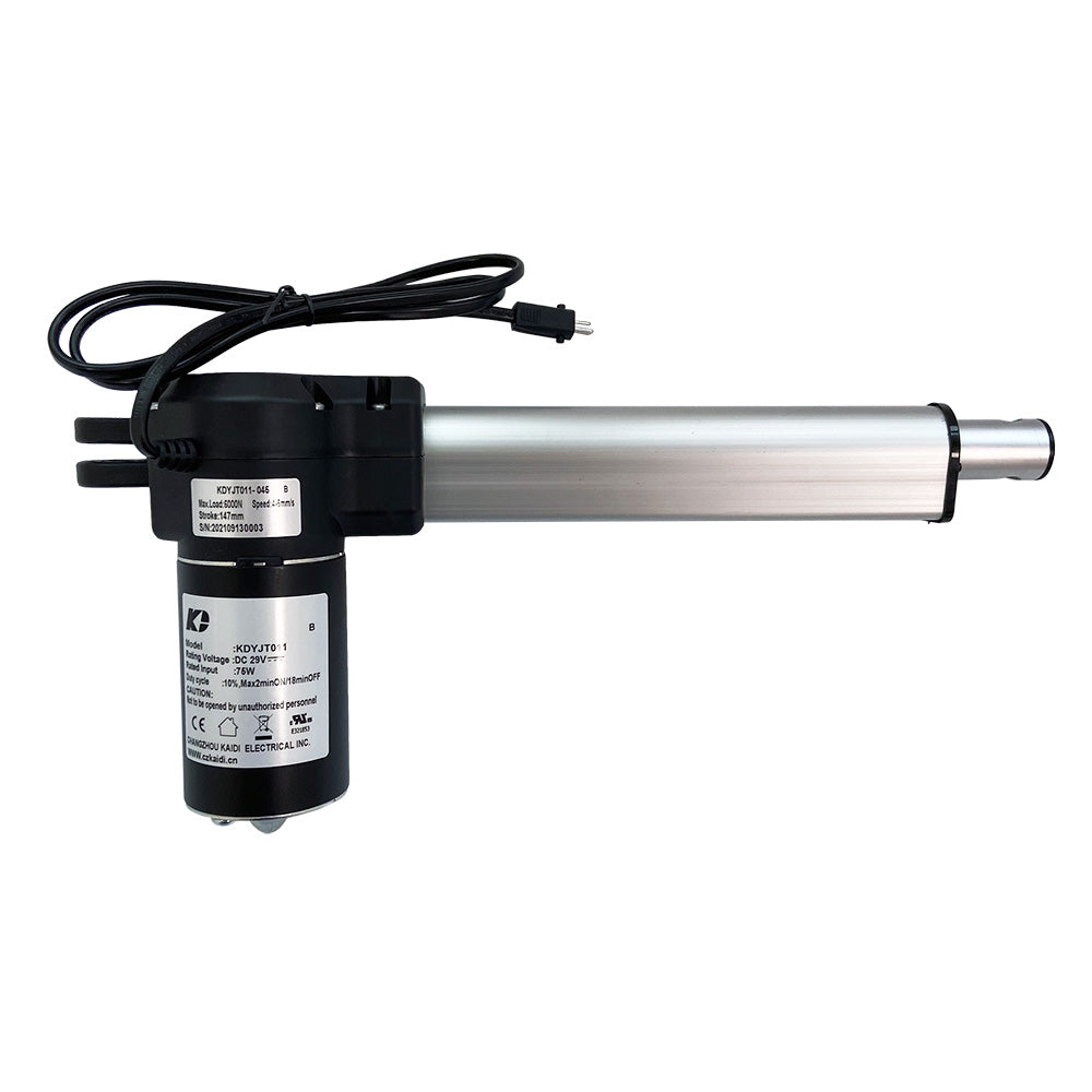 A black linear actuator motor assembly with a metal shaft and an electric plug