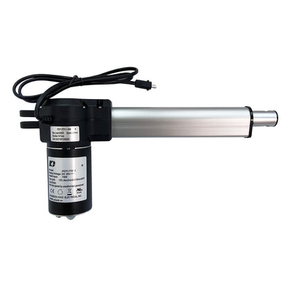 A black linear actuator motor assembly with a metal shaft and an electric plug