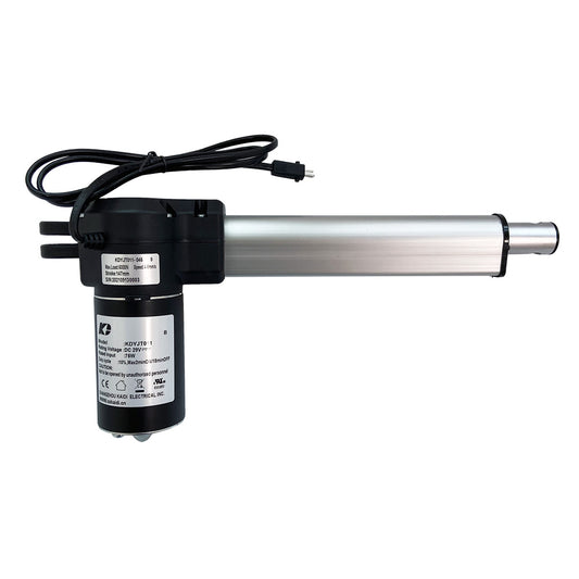 A black linear actuator motor assembly with a metal shaft and an electric plug